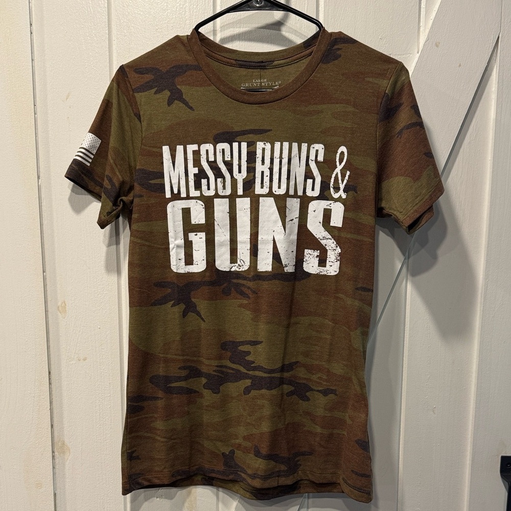Grunt Style Women’s Woodland Camo Tee - Messy Buns & Guns ~ Size L
